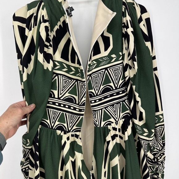 PatBO Dress Size 0 V-Neck Fit Flare Fringe Trim Emerald Green Ivory Print - Picture 9 of 16